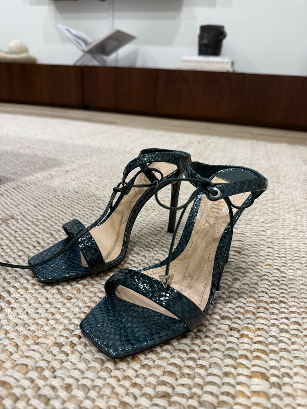 SCHUTZ Teal Green Snake-Embossed Lace-Up High Heels